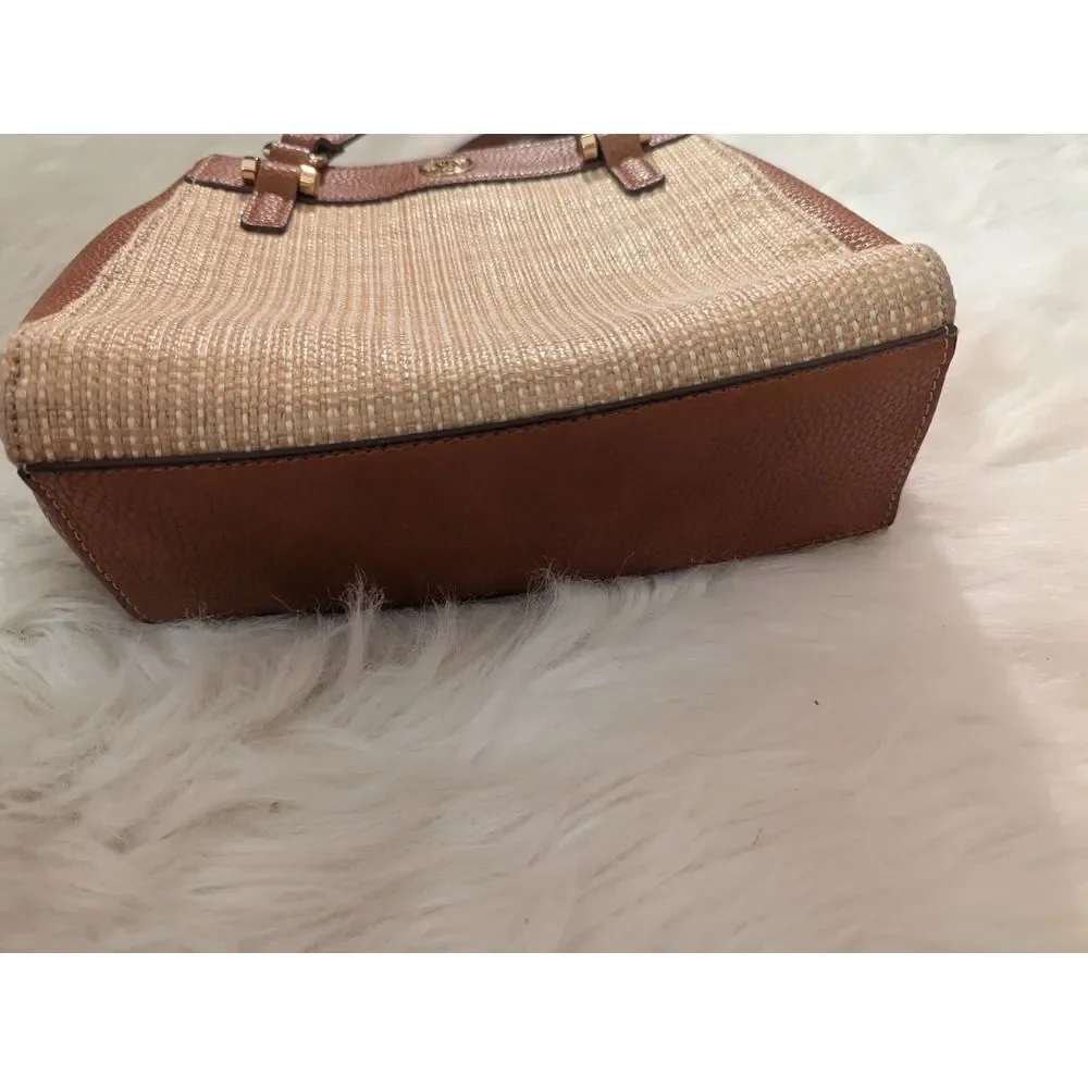 Elegant‎ Anne Klein Two-Tone Woven Handbag with Leather Trim and Gold Accents